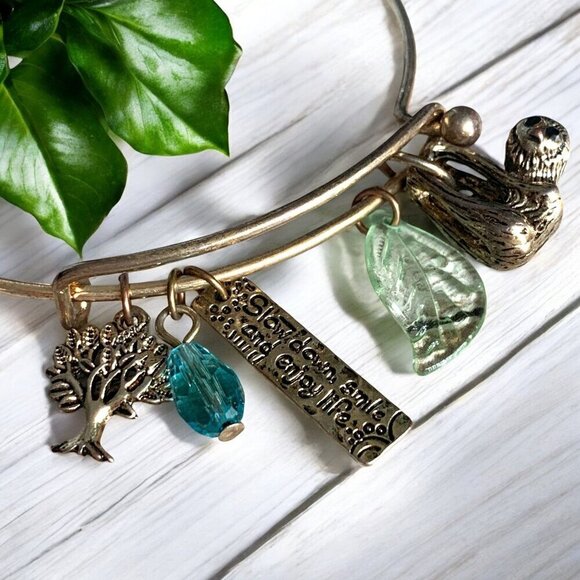 Silver Tone Sloth Enjoy Life Charm Bangle With Leaf & Tree Charms Adjustable - Picture 2 of 3